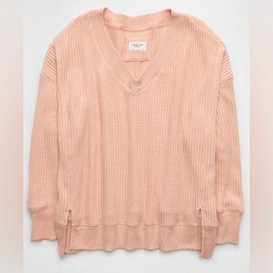 American Eagle Blush Pink Waffle Knit V-Neck Long Sleeve Top Medium